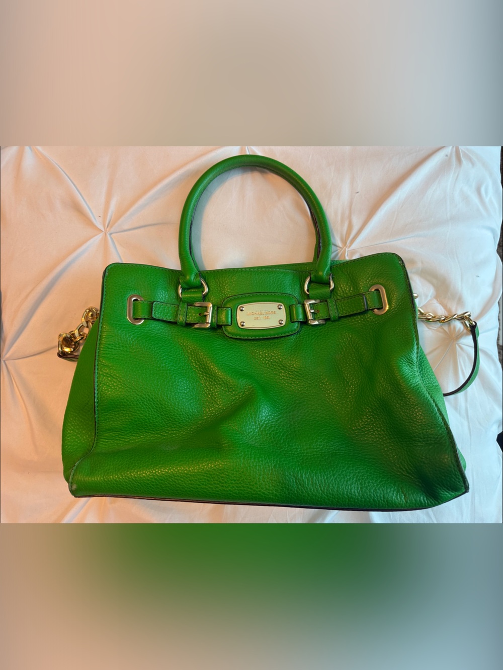 Michael Kors Green Leather Tote Handbag with Gold Hardware